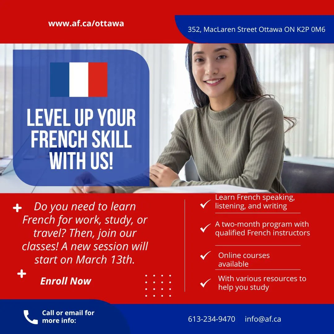 Registration for Spring 1 session has started! With our qualified teachers, our customized courses and our cultural center, make your French blossom this spring!

Learn more on our website : buff.ly/3uZE1yf
Call us at 613-234-9470 or email us at info@af.ca
