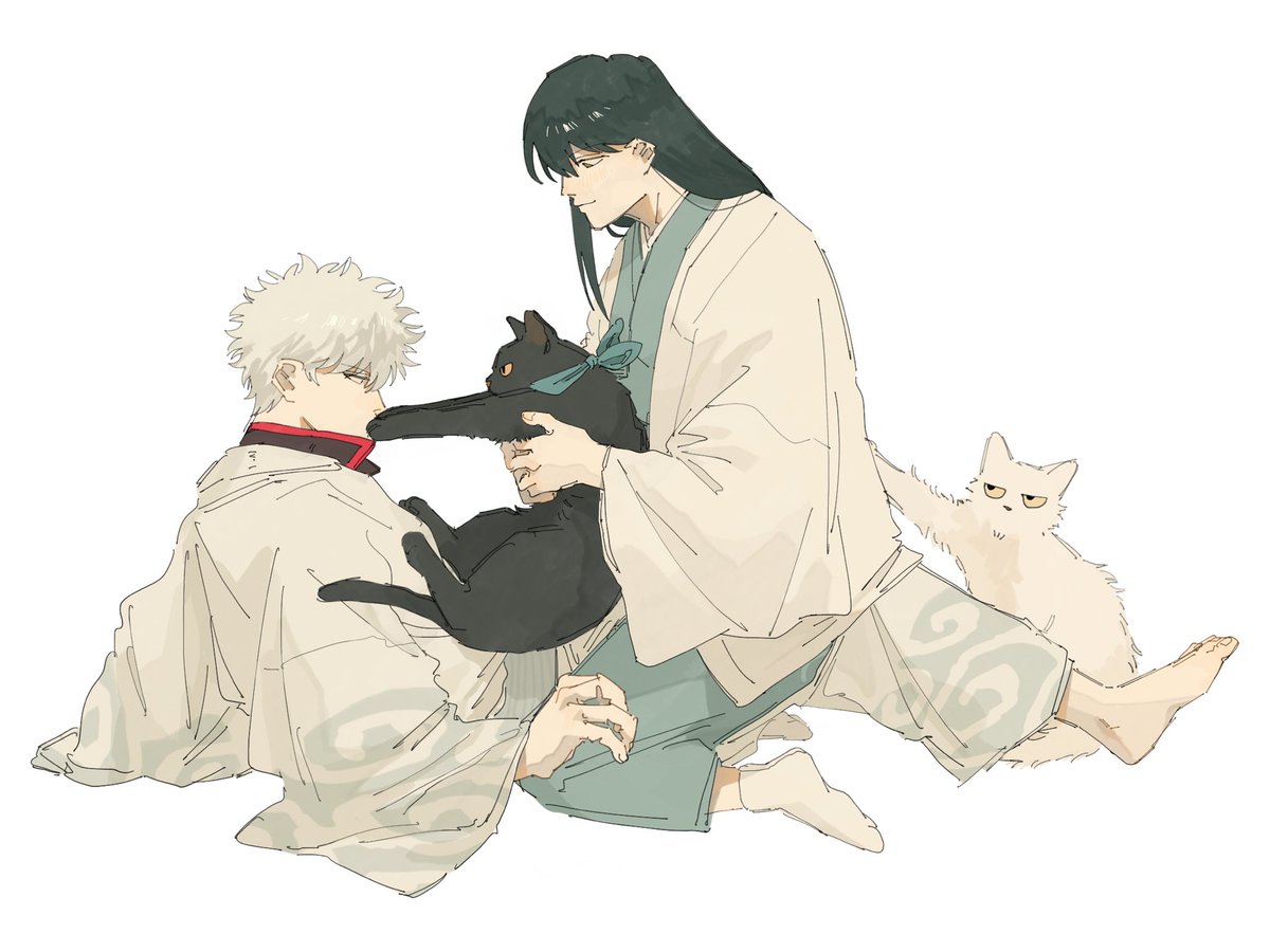 sakata gintoki cat long hair japanese clothes black hair white background kimono animal  illustration images