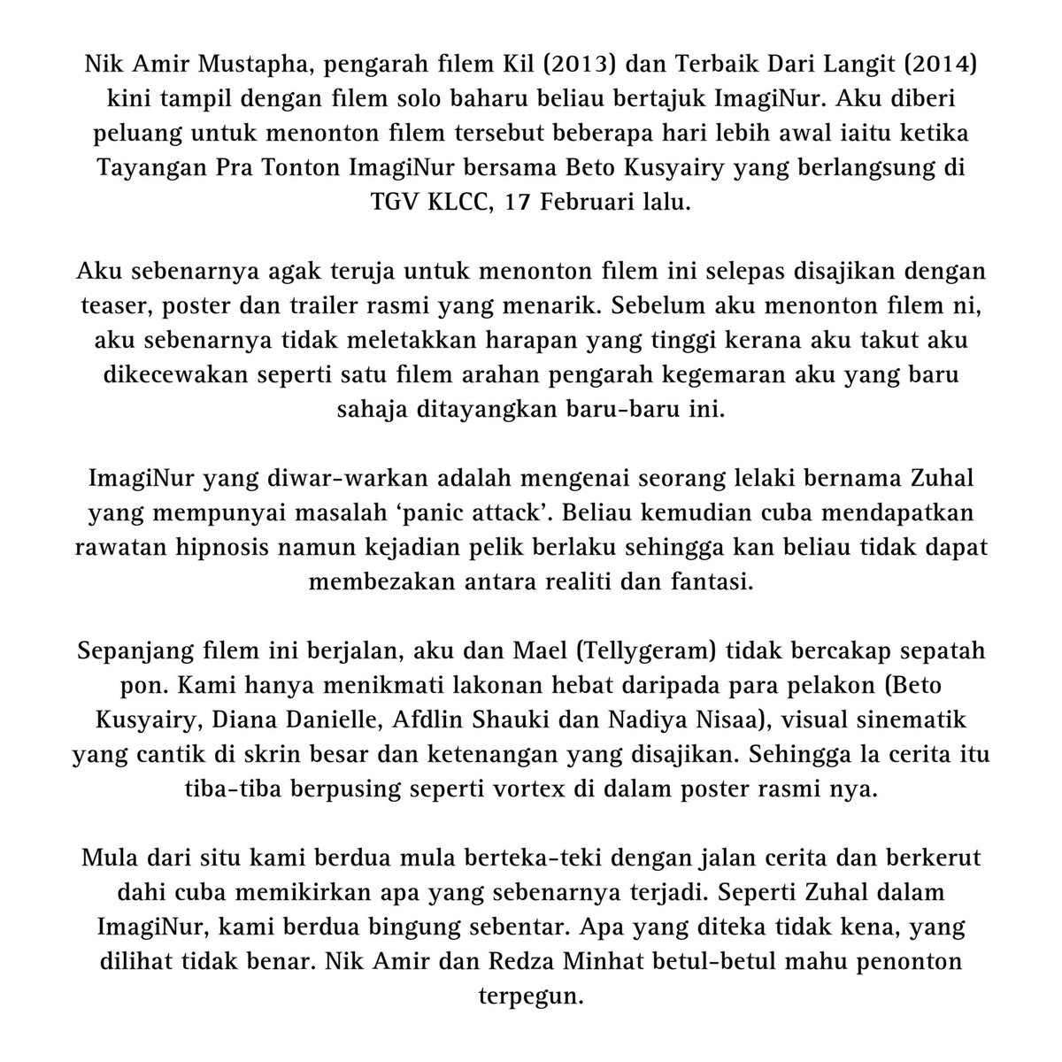 Don_Aziz's tweet photo. IMAGINUR : TERBAIK DARIPADA NIK AMIR MUSTAPHA 

Jemput baca ulasan penuh Mat Don mengenai ImagiNur. Terima kasih kerana memberi rasa, meminjam jiwa. ❤️

#imagiNur
#sinematdon
@lumaticfilms 
@_nikamir 
@Beto_Kusyairy 
@ImDianaDanielle 
@afdlinshauki 
@nadiyanisaa 
@rdzaminhat https://t.co/IlCDevoA12