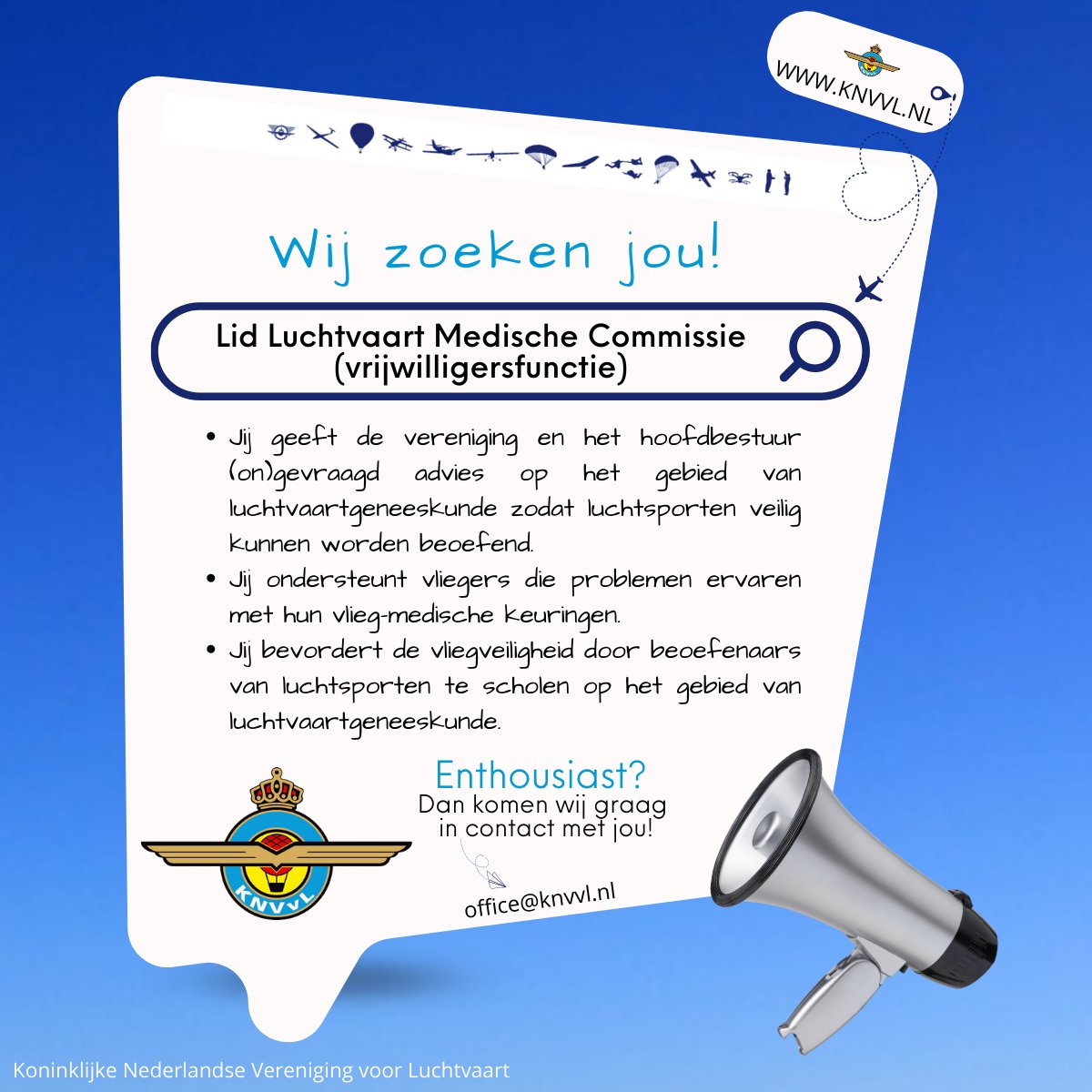 Interesse in een vrijwilligersfunctie in jouw vakgebied? Kom dan kennismaken met de KNVvL #luchtvaart #vrijwilliger #medische #commissie #luchtsport