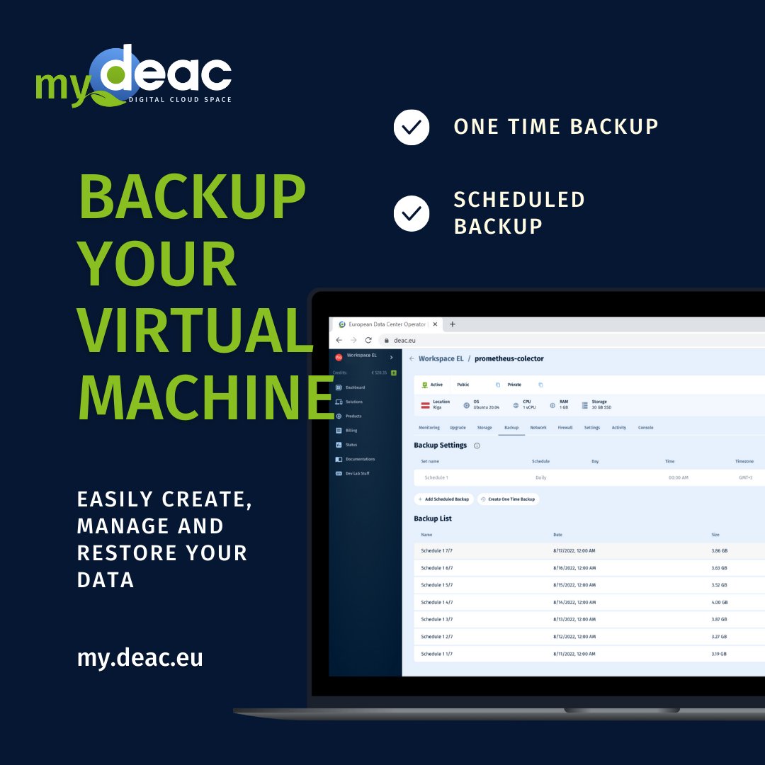 DelskaDC's tweet photo. Ensure the safety of your virtual machine #data with ease using #myDEAC powerful #backupcreation tool. Choose between One Time or Scheduled Backups to eliminate the risk of data loss.
Build your infrastructure now:
https://t.co/qBsdt7GBQQ https://t.co/XIqShHexG1