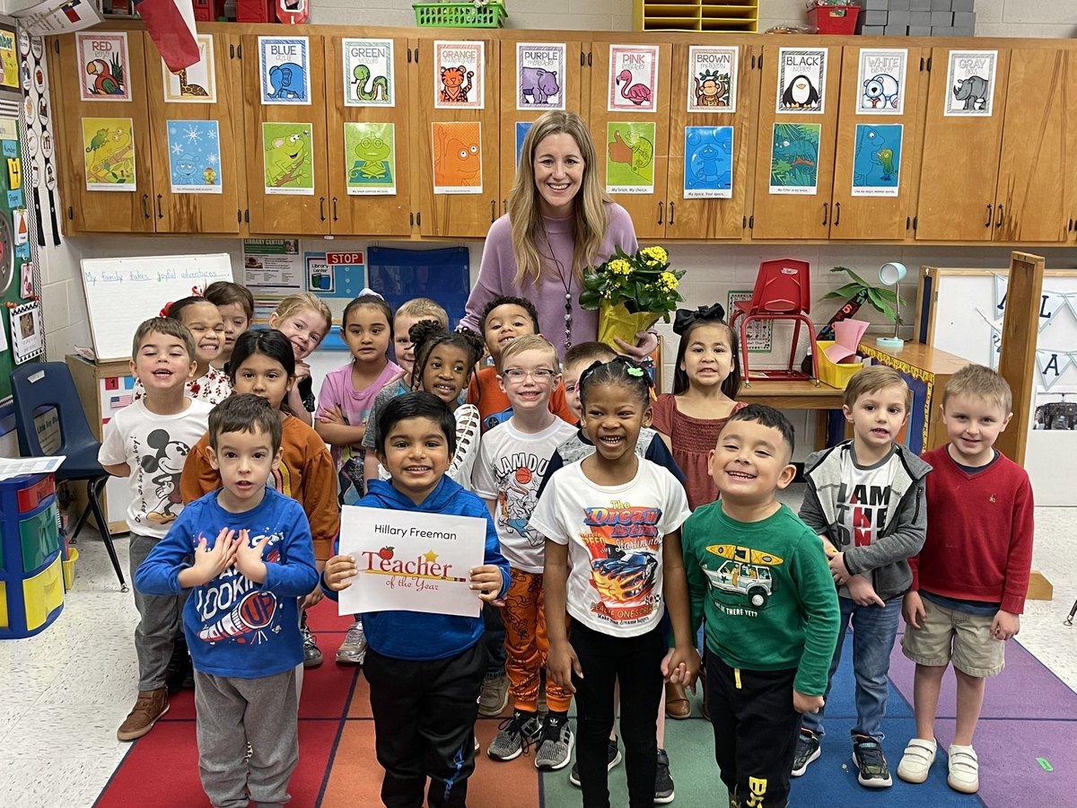 Brook Village Teacher of the Year, Hillary Freeman, with her PK class🎉👏🏻 So excited to celebrate this amazing teacher💙 #teacheroftheyear #pkteachersrock