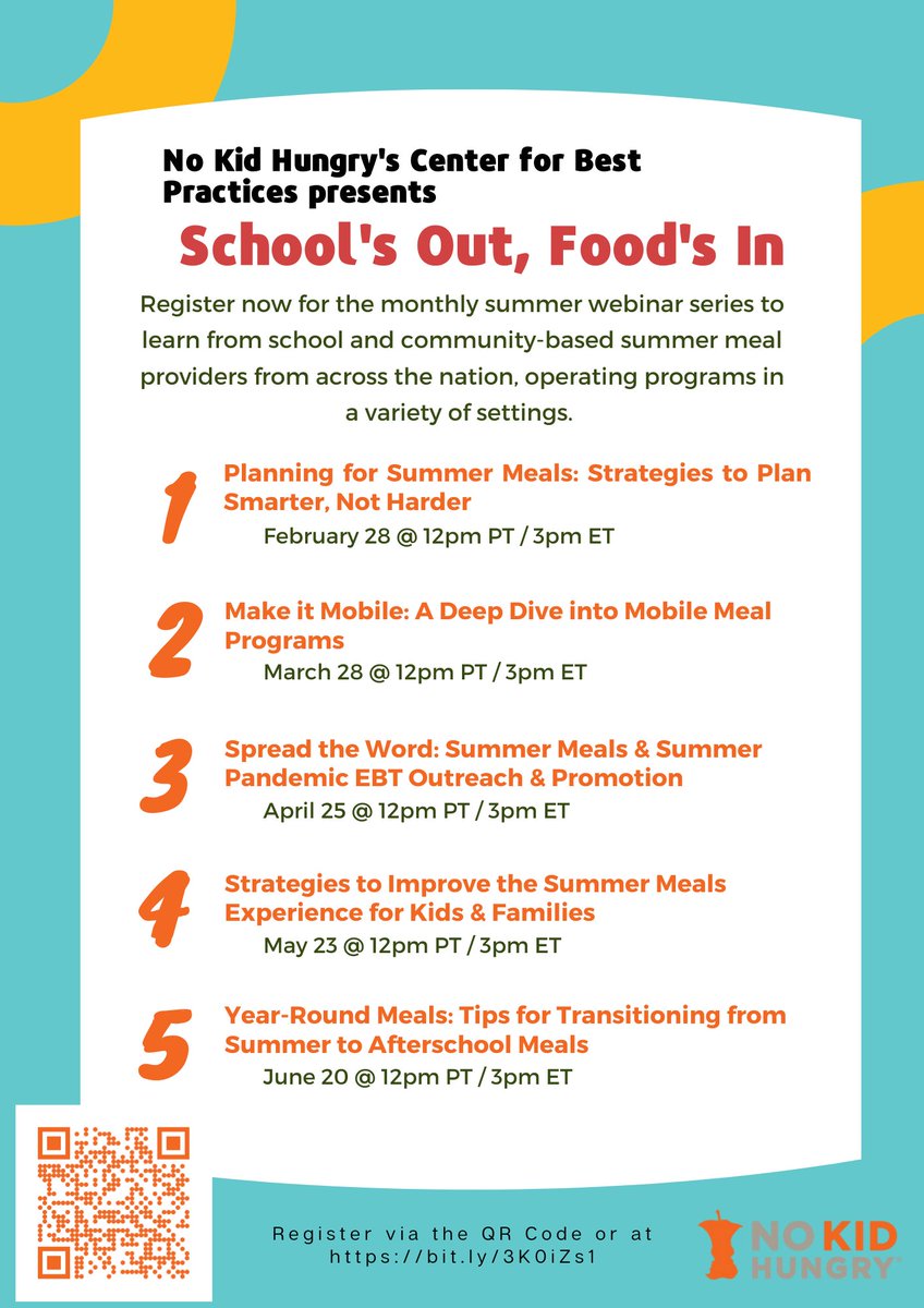 ☀️ NEW SUMMER WEBINAR SERIES: "School's Out, Food's In" ☀️ 

Join us for our monthly summer webinar series to jumpstart your summer planning and learn from school and community-based summer meal providers from across the country!

Register now 👉 bit.ly/3K0iZs1