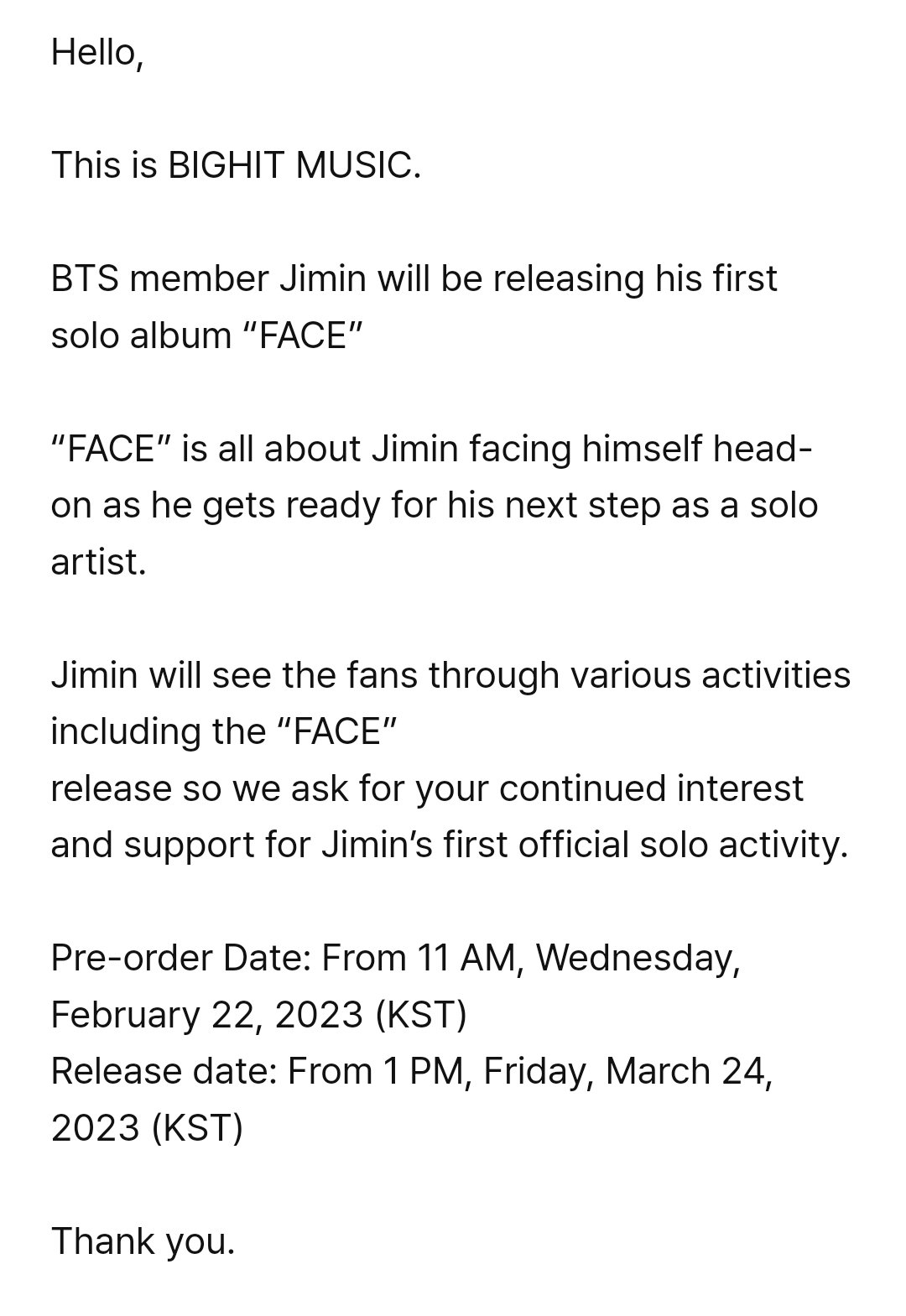 BIGHIT MUSIC on Twitter "FACE 2023. 3. 24. 1PM (KST) 12AM (ET) 지민