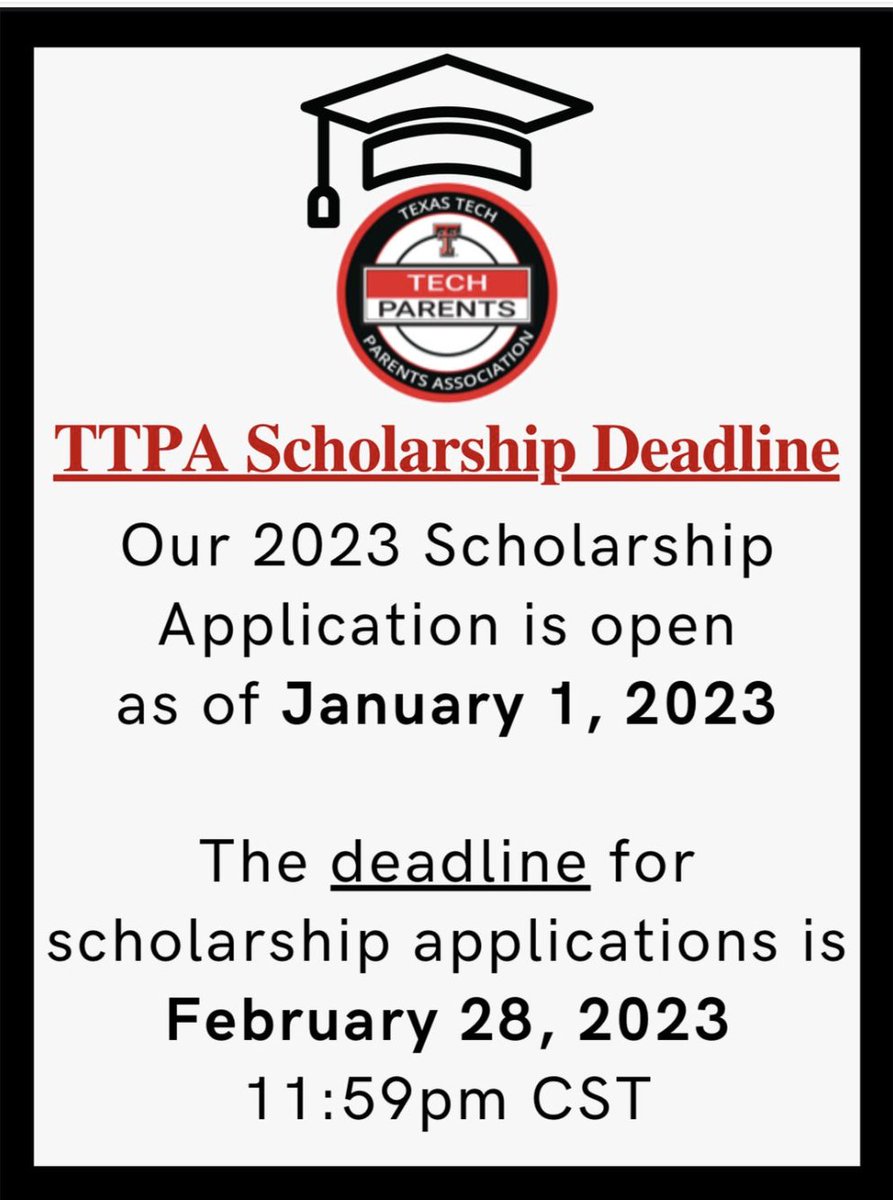This is the last weekend to work on the TTPA scholarship application! Texas Tech Parents Association scholarship application is due in 3 DAYS- February 28! Use the link below for more information regarding the TTPA Scholarship 👇👇 texastechparents.org/page/Scholarsh…