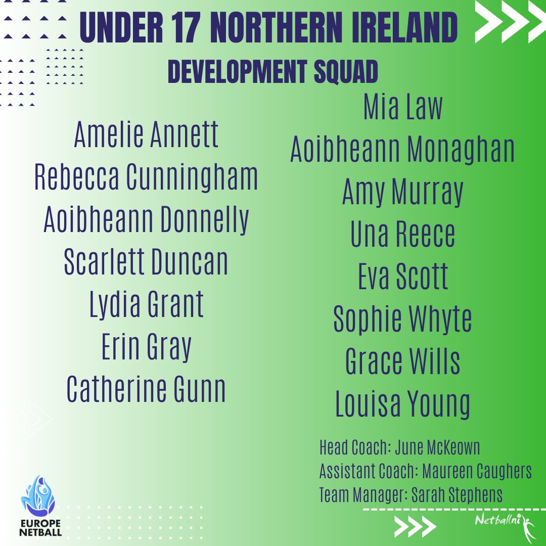 netballni's tweet photo. 💚U17 SQUAD UPDATE💚

Ladies &amp; gentlemen, we are proud to give you a final update on our NI U17 squads &amp; announce our leadership teams. 

There's still some tickets left for this weekend's U17 Euro Championship &amp; Challenge👉https://t.co/lOaJeZXnpF https://t.co/epI2eFKLMp