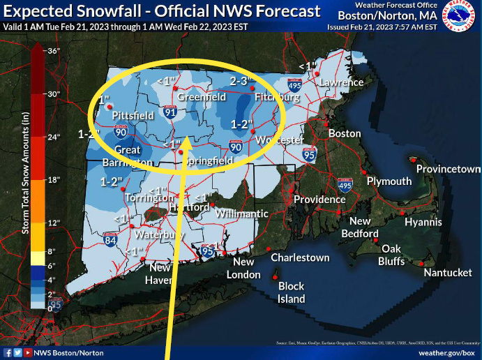 MassEMA's tweet image. Portions of western &amp;amp; central MA may see snowfall rates near 1”/hour tonight between 6-9pm (circled in graphic). Travel along untreated roadways may be slippery. #MAsnow
🚗Clear snow/ice off your vehicle
🛑Leave plenty of room for stopping
🐌Take it slow, esp. on ramps &amp;amp; bridges