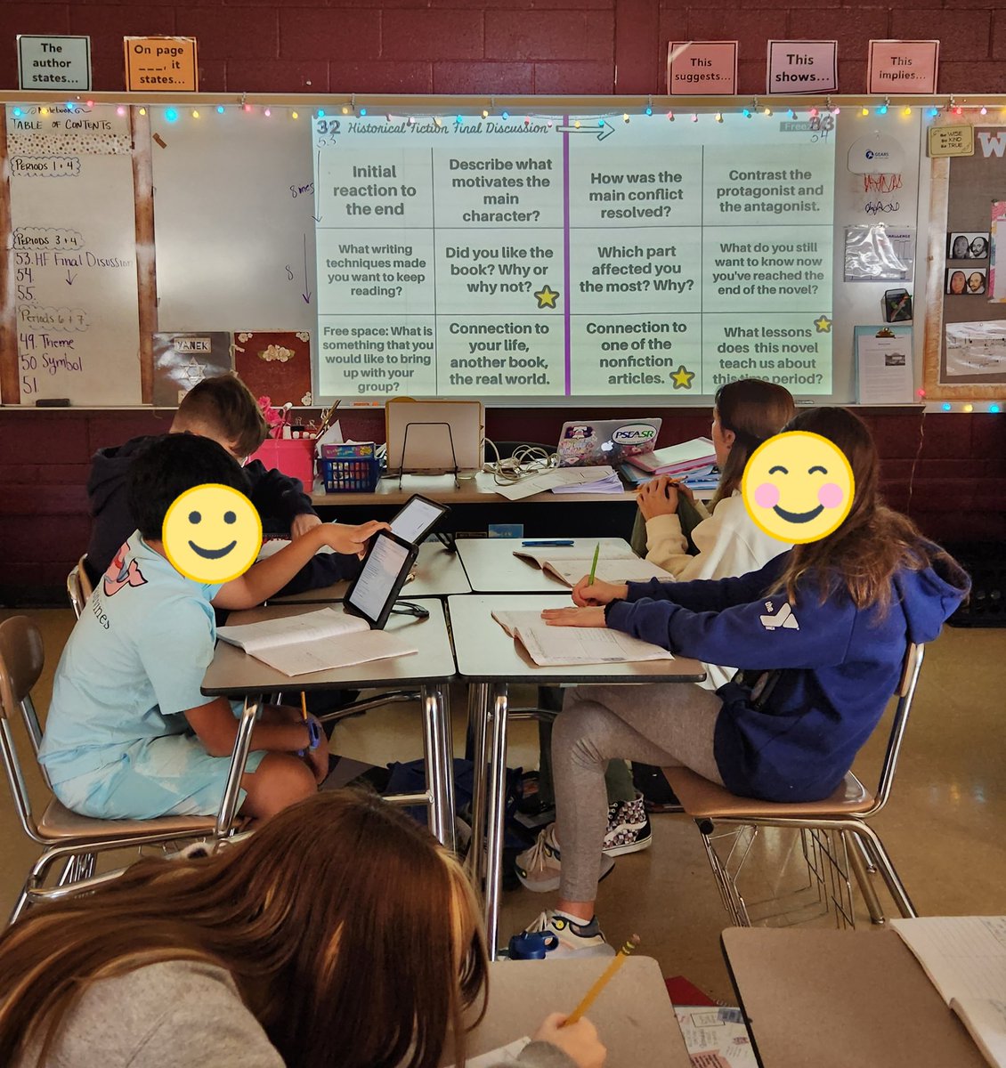 We're conducting final discussions of our historical fiction novels today. A few comments:
 "Mrs. Moore, I'm so glad I had to read this book."

"I loved this book &amp; I usually don't like historical fiction."

"I couldn't stop reading at the end. I cried... but I loved this book."