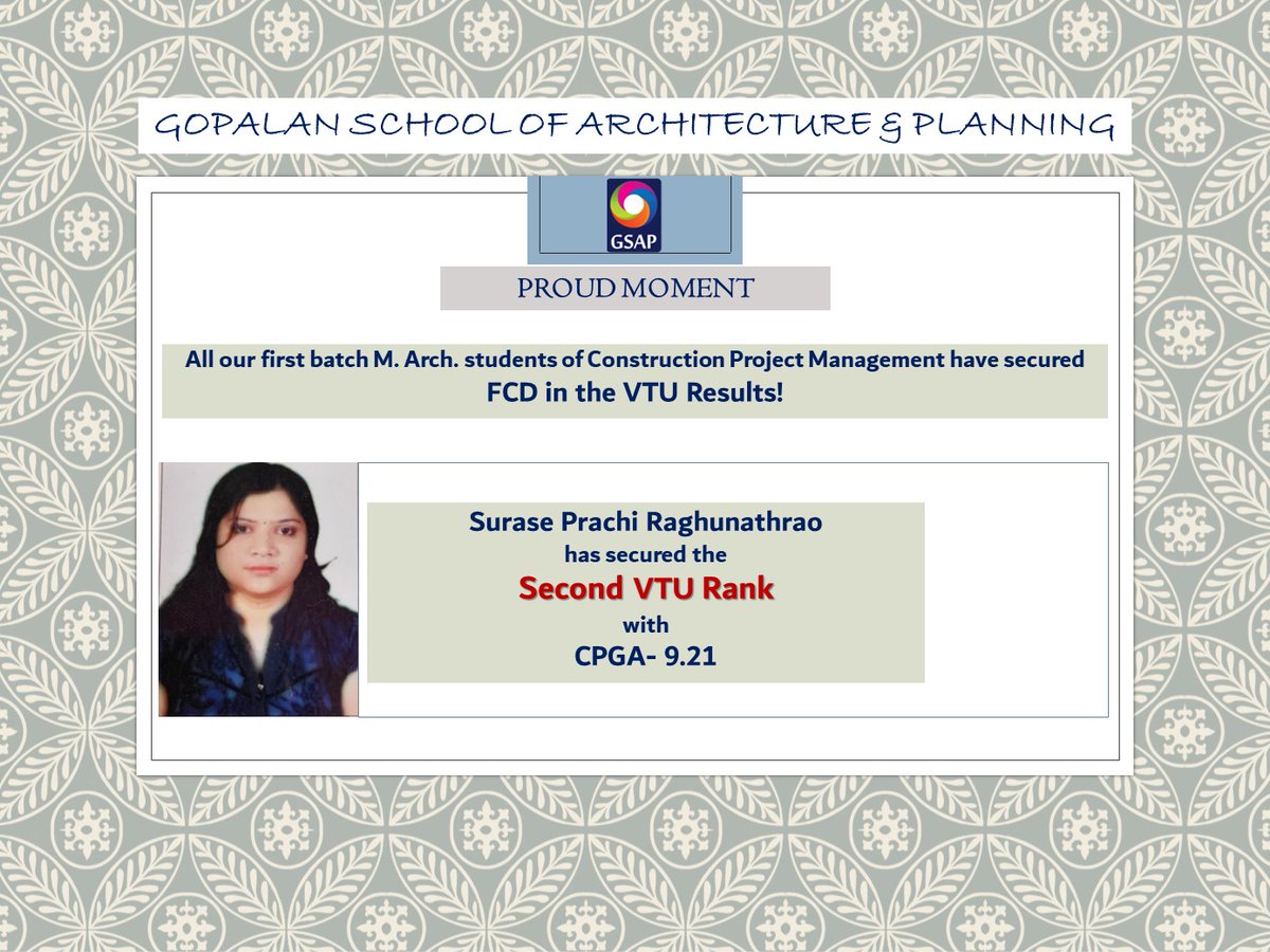 GopalanGsap's tweet image. Warmest Congratulations to our students of M. Arch. on their achievement! Wishing more success in their future endeavors.

#RankHolders #students #masterofarchitecture #constructionprojectmanagement  #achievement #proudmoment #resultsannounced