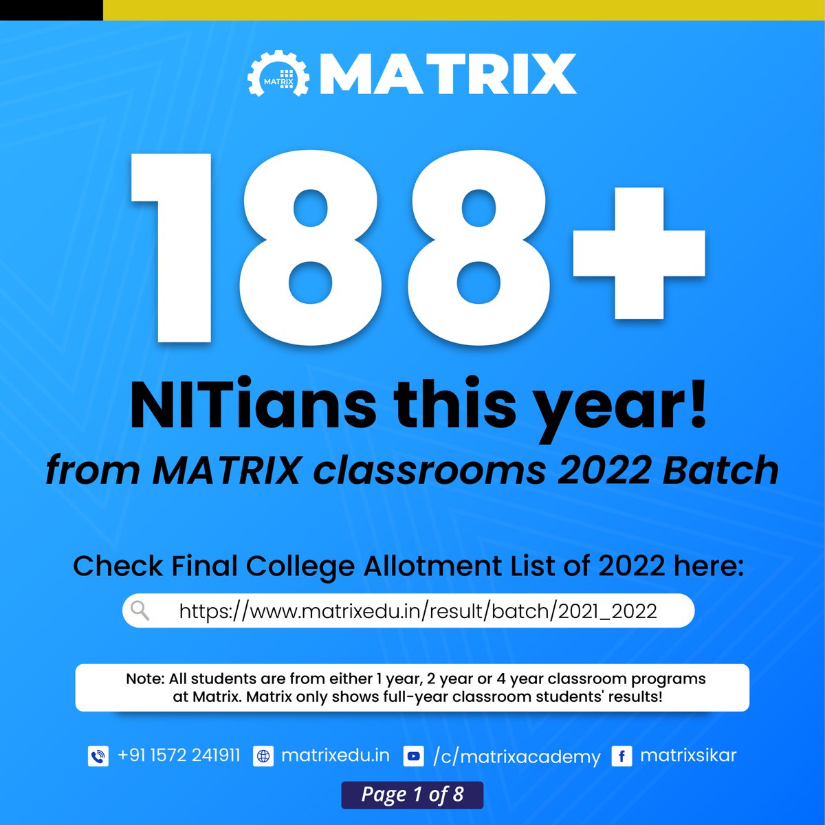 MatrixSikar's tweet photo. 188+ #NITians this year only! From #MatrixSikar classrooms 2022 batch, a total of 517 students have been granted admissions in Top engineering institutions. Out of 517, 214 are in IITs, 188 chose #topNITs and remaining got admission in IIITs, BITS, AIT, IISER etc. https://t.co/z45WAsEL3M