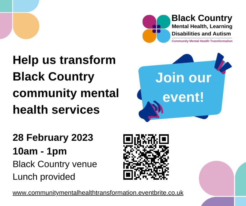 RecoveryColleg3's tweet photo. Join the @BlackCountryNHS to help us transform the community mental health service.
On the 28th February at 10am -1pm 

Register here or scan the QR code! https://t.co/XOKjv5pTzR https://t.co/rVbRI5wrgT