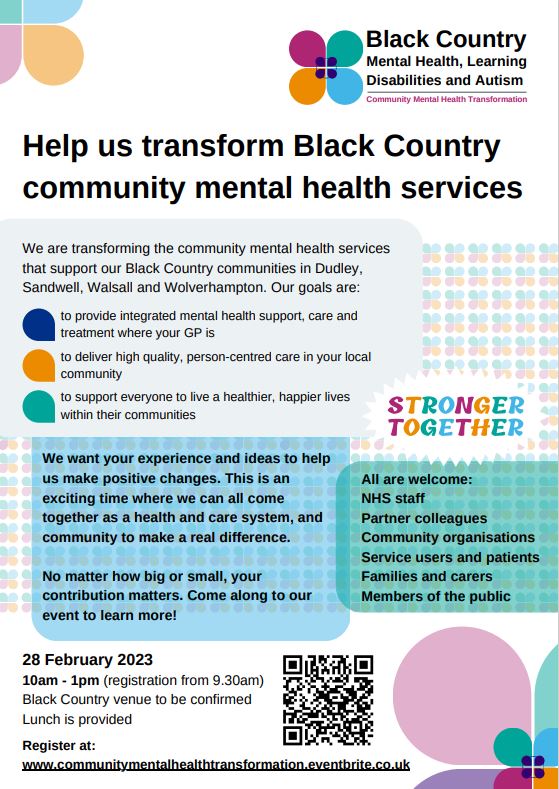RecoveryColleg3's tweet photo. Join the @BlackCountryNHS to help us transform the community mental health service.
On the 28th February at 10am -1pm 

Register here or scan the QR code! https://t.co/XOKjv5pTzR https://t.co/rVbRI5wrgT