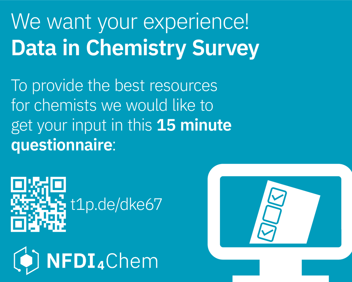 NFDI4Chem (@nfdi4chem) on Twitter photo We want your experience!
"Data in Chemistry"-Survey: To provide the best resources for #chemists we would like to get your input.
bit.ly/3YOfKbc
<a href="/GDCh_aktuell/">GDCh</a> <a href="/JungChemiker/">JungesChemieForum</a> <a href="/NFDI_de/">NFDI - @NFDI@nfdi.social</a>
#chemistry #fairdata #rdm #ELN #ChemTwitter We want your experience!
"Data in Chemistry"-Survey: To provide the best resources for #chemists we would like to get your input.
bit.ly/3YOfKbc
<a href="/GDCh_aktuell/">GDCh</a> <a href="/JungChemiker/">JungesChemieForum</a> <a href="/NFDI_de/">NFDI - @NFDI@nfdi.social</a>
#chemistry #fairdata #rdm #ELN #ChemTwitter
