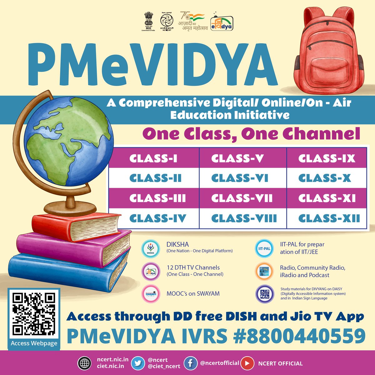 ncert's tweet photo. PMeVIDYA-One Class, One Channel: Access the educational TV and Radio contents (Classes 1-12) on 12 DTH TV and 400 Radio Channels. Best teachers from across the nation are here to help enrich your knowledge!

Click on the weblink for more details: https://t.co/7BxP07afoC https://t.co/6zdOWP632k