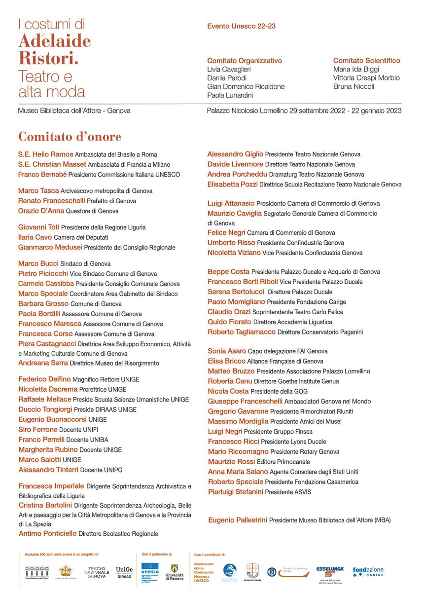 Si è conclusa la esposizione sui costumi e sull’attività di Adelaide Ristori – evento UNESCO 2022/2023 –
con successo di pubblico e di critica.

Il Museo Biblioteca dell’Attore vuole ricordare il Comitato d’Onore, il Comitato Organizzativo e quello Scientifico.