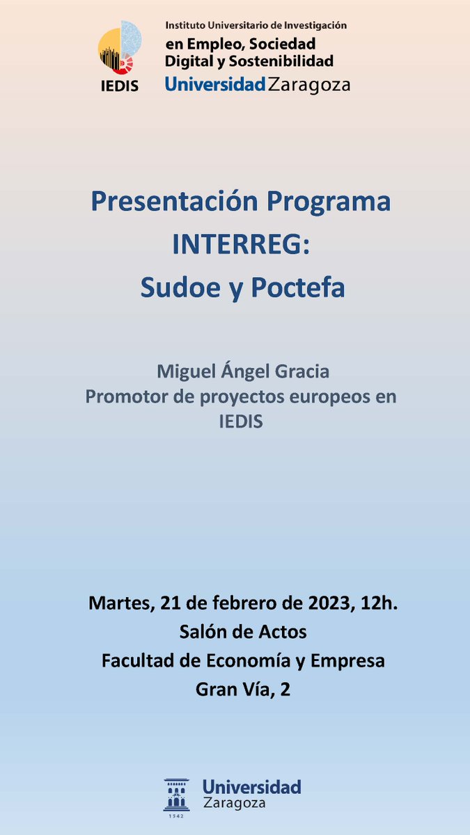 📡¡En 15 minutos comienza la charla INTERREG Sudoe @Sudoe5  y Poctefa !

🗣️ <a href="/mgracia5/">Miguelo</a> nos hablará sobre nuevas oportunidades y programas de #FinanciaciónEuropea para grupos de #investigación de IEDIS

🕛 12:00
👉El enlace meet.google.com/cmk-tfxp-evp 
Os esperamos 😉