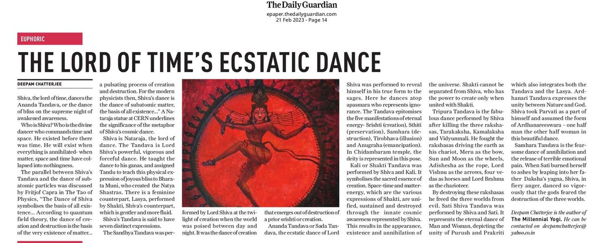 deepamjee's tweet image. There are two articles by me in The Daily Guardian today- my weekly column Modern Day Monk and one on Lord Shiva's Ananda Tandava.  Here's the page link: epaper.thedailyguardian.com/view/173/tdg-2…
