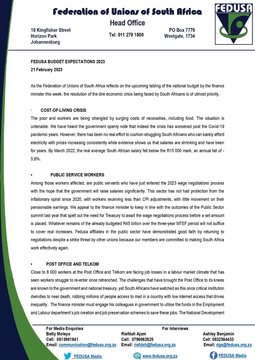 FEDUSAMedia's tweet image. FEDUSA BUDGET EXPECTATIONS 2023.

#BudgetSpeech2023
#fedusacares 
#Altsa
#Hospersa
#Hiawu
#Ibsa
#Mtwu
#Misa
#Naptosa
#Nasuwu
#Nulaw
#Nteu 
#Peu
#Psa
#Sacu
#Saou
#Saptu
#Tenusa
#Unipsawu
#Untu