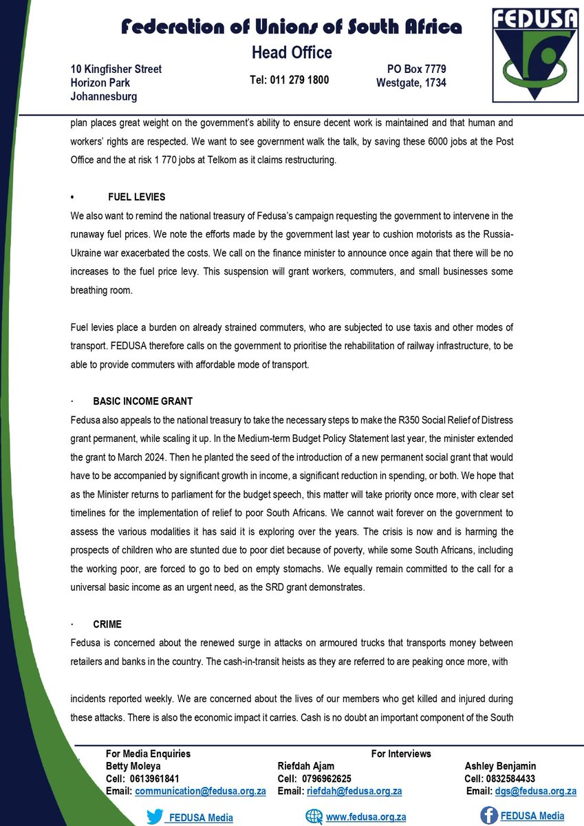 FEDUSAMedia's tweet image. FEDUSA BUDGET EXPECTATIONS 2023.

#BudgetSpeech2023
#fedusacares 
#Altsa
#Hospersa
#Hiawu
#Ibsa
#Mtwu
#Misa
#Naptosa
#Nasuwu
#Nulaw
#Nteu 
#Peu
#Psa
#Sacu
#Saou
#Saptu
#Tenusa
#Unipsawu
#Untu