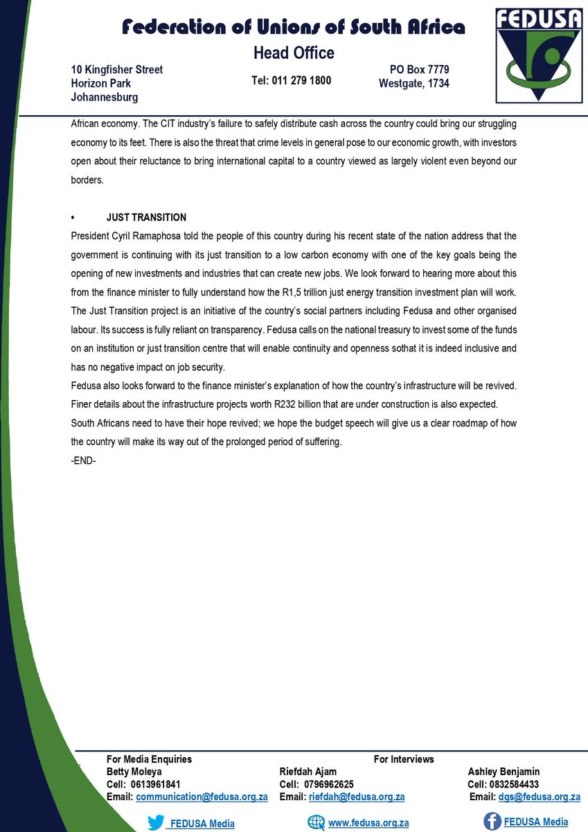 FEDUSAMedia's tweet image. FEDUSA BUDGET EXPECTATIONS 2023.

#BudgetSpeech2023
#fedusacares 
#Altsa
#Hospersa
#Hiawu
#Ibsa
#Mtwu
#Misa
#Naptosa
#Nasuwu
#Nulaw
#Nteu 
#Peu
#Psa
#Sacu
#Saou
#Saptu
#Tenusa
#Unipsawu
#Untu