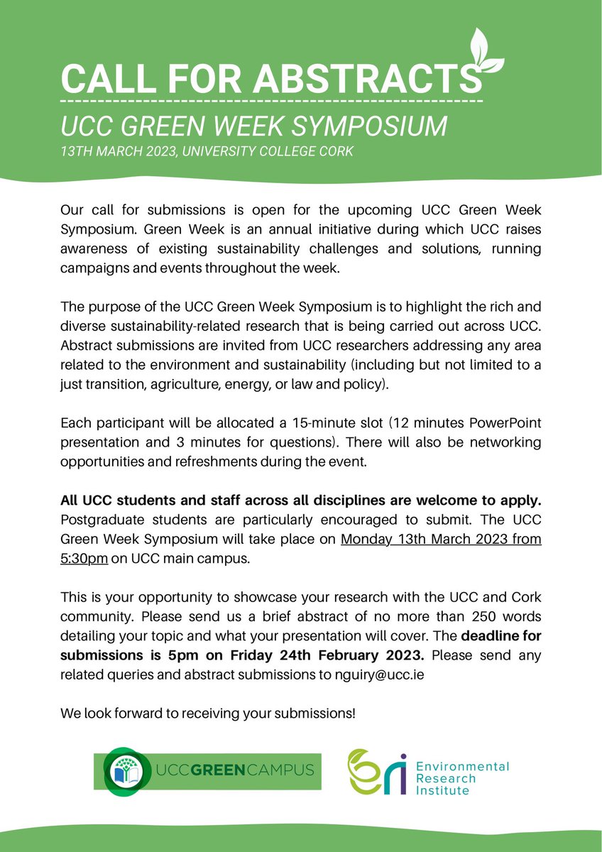 UCC Green Campus (@greencampusucc) on Twitter photo Abstracts due Friday!
Make sure to submit your abstract before the deadline to make sure your work included in the <a href="/UCC/">UCC Ireland</a> Green Week Symposium 🌳🌿
All students and staff welcome to participate Abstracts due Friday!
Make sure to submit your abstract before the deadline to make sure your work included in the <a href="/UCC/">UCC Ireland</a> Green Week Symposium 🌳🌿
All students and staff welcome to participate