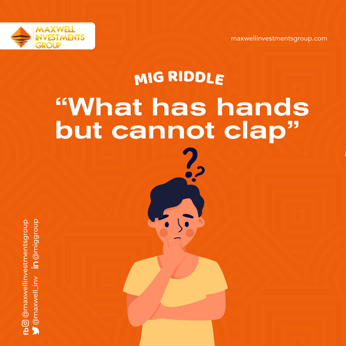 maxwell_inv's tweet photo. Riddle...Riddle... 

What has hands but cannot clap? https://t.co/gtRo2cgNO4