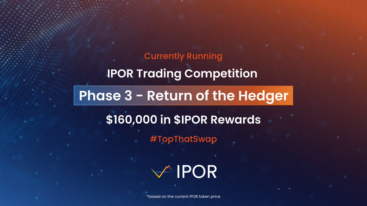 ipor_io's tweet photo. The #IPOR trading competition is ongoing.

⏳ Phase 3 ends tomorrow at 12:00 PM UTC.

You still have time to experience #DeFi swaps trading and compete for part of the total prize pool of $160,000 (at $4/IPOR)

Go to: https://t.co/3ZBzTYYMlh

#TopThatSwap https://t.co/IvuyfBU0Aw