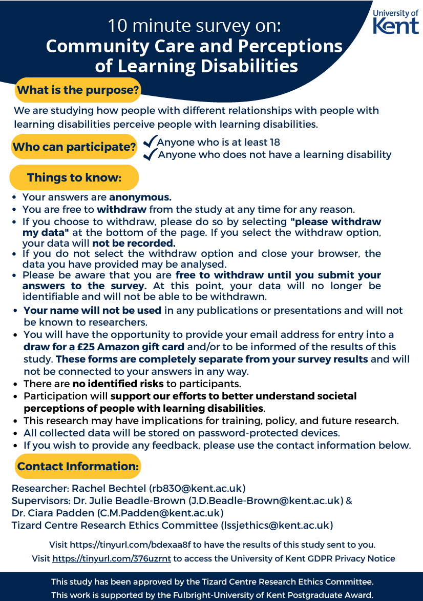 TizardCentre's tweet photo. Call for participants (18+) 📢 Take part in a 10-minute online anonymous survey on your perceptions of people with learning disabilities. There's even a chance to win a £25 gift card. All the details in the flyers 👇 https://t.co/gLfRAc76kW