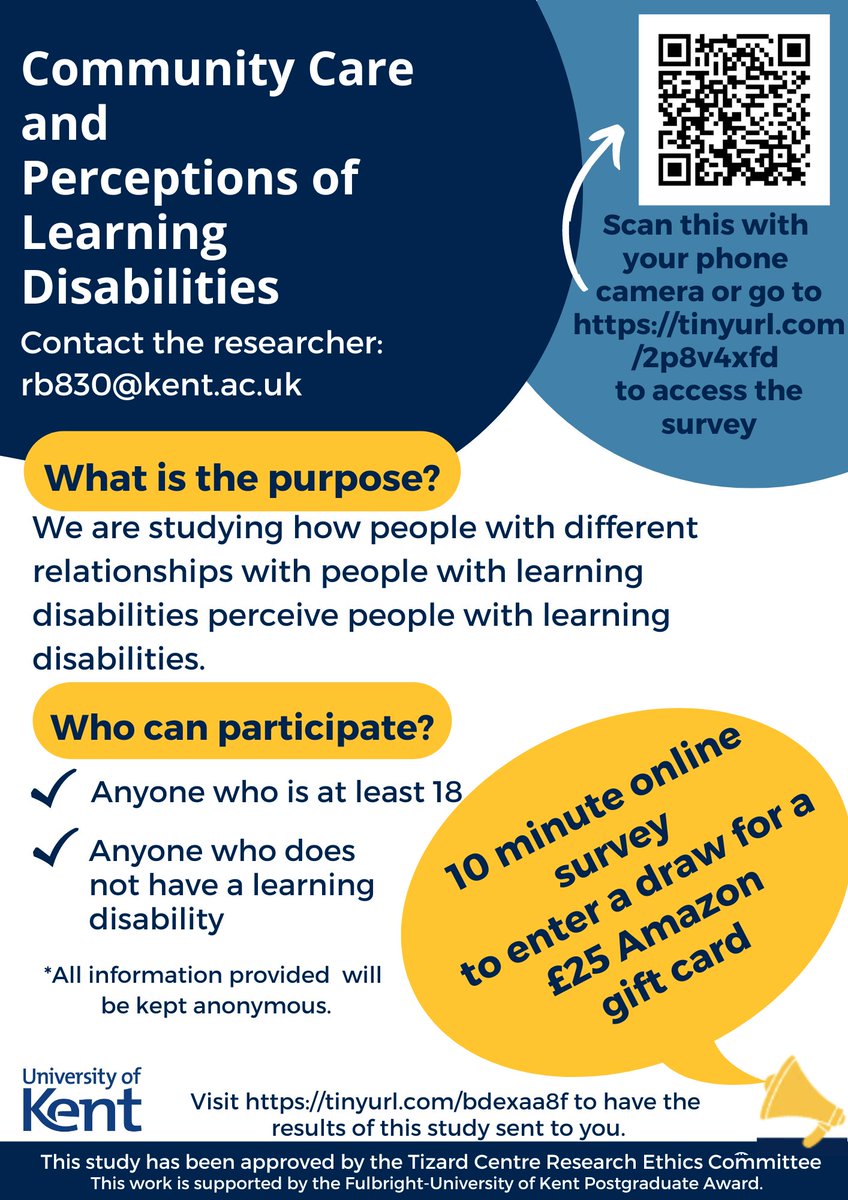 TizardCentre's tweet photo. Call for participants (18+) 📢 Take part in a 10-minute online anonymous survey on your perceptions of people with learning disabilities. There's even a chance to win a £25 gift card. All the details in the flyers 👇 https://t.co/gLfRAc76kW