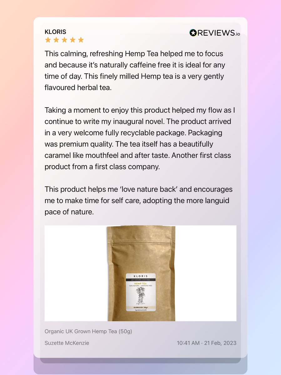 McKenzie_1969's tweet photo. Hey folks! I’ve just reviewed @kloriscbd ‘s wonderful Hemp Tea! A beautiful balance of flavour and relaxation #HempTea #CBDLife #herbaltea #herbal #Kloris #MSWarrior https://t.co/E45ZmLyOGT