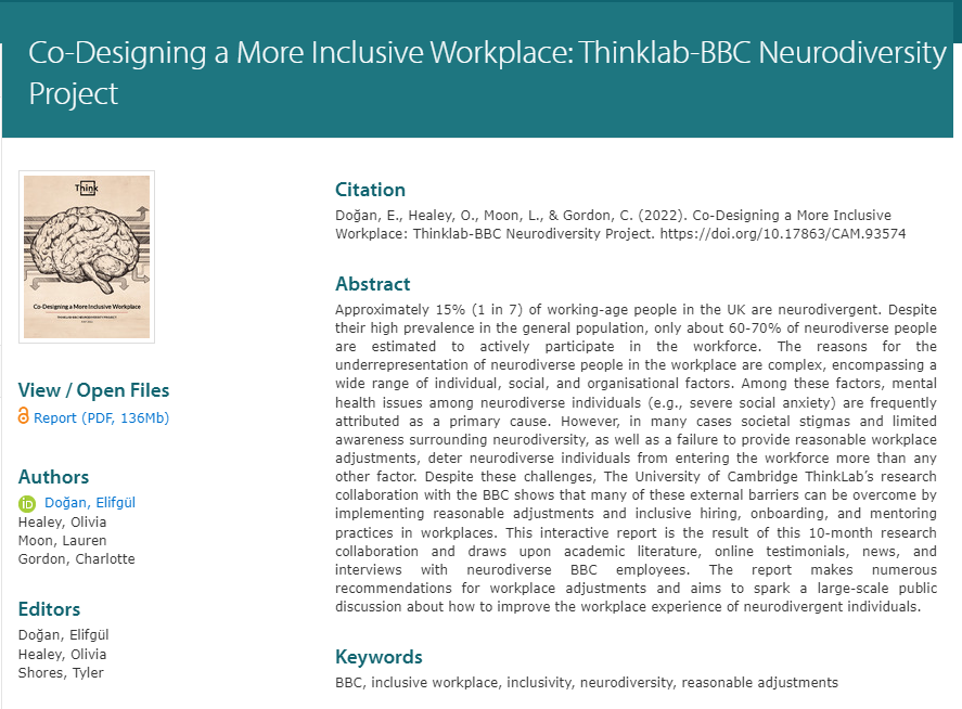 University of Cambridge ThinkLab (@thinklabcam) on Twitter photo The ThinkLab report from our <a href="/BBCCape/">BBC Cape</a> collaboration is now available online!
"Co-Designing a More Inclusive Workplace: Thinklab-BBC Neurodiversity Project"
repository.cam.ac.uk/handle/1810/34ā¦
Thanks everyone who was part of this all-star team.
#cambridge #bbc #Neurodiversity #workplace The ThinkLab report from our <a href="/BBCCape/">BBC Cape</a> collaboration is now available online!
"Co-Designing a More Inclusive Workplace: Thinklab-BBC Neurodiversity Project"
repository.cam.ac.uk/handle/1810/34ā¦
Thanks everyone who was part of this all-star team.
#cambridge #bbc #Neurodiversity #workplace
