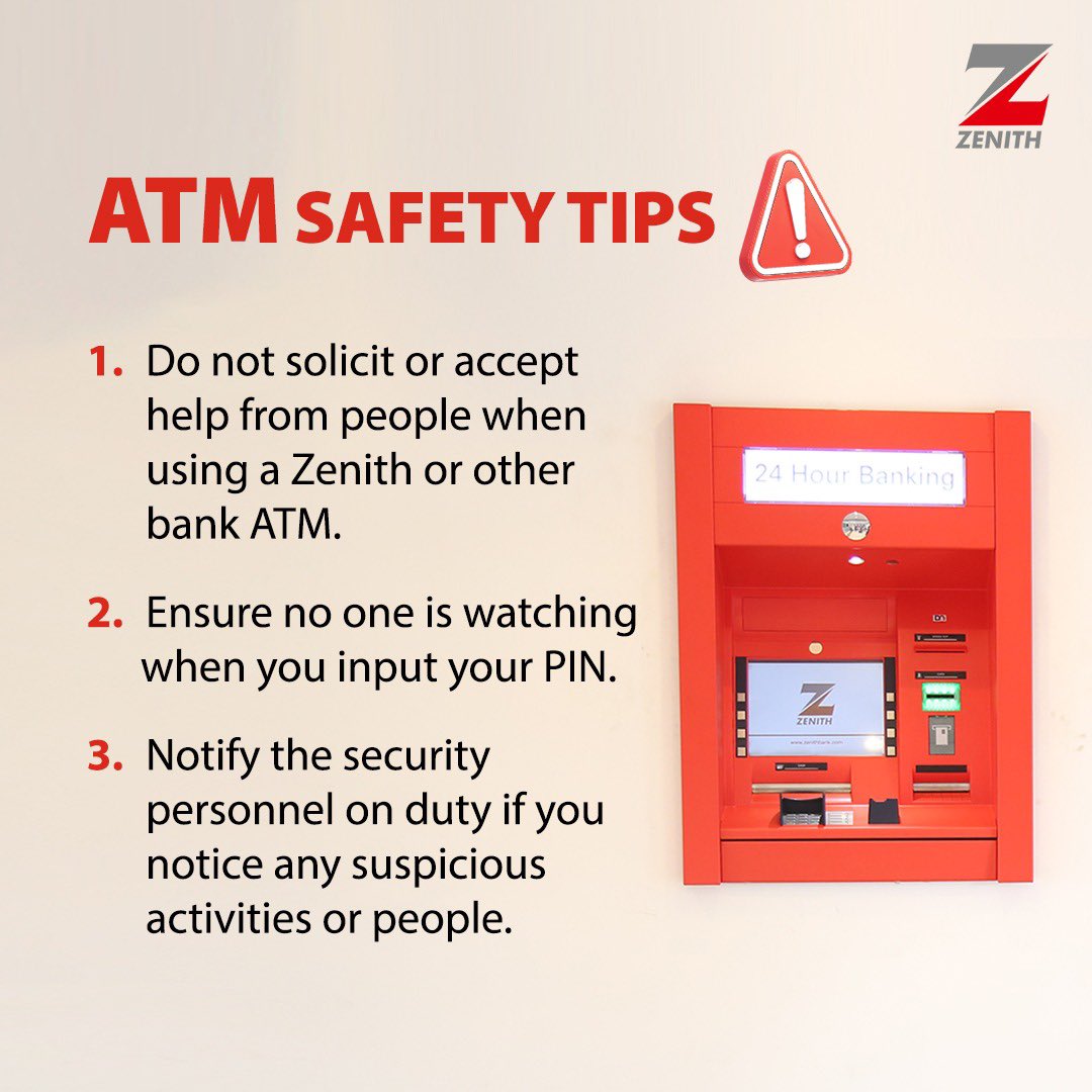 ZenithBank's tweet image. Stay safe while using the ATM.

Protect your account from social media fraudsters by ONLY discussing transaction related challenges via DM or with ZiVA on 07040004422 and not in the comment section under our posts.

#ZenithBank #FraudAwareness #Safety #Security #StaySafe