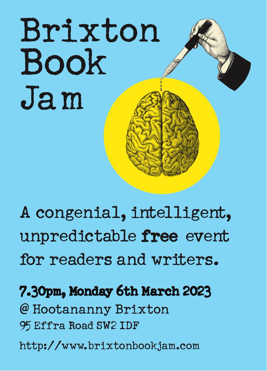 👋📢Here’s the new date for <a href="/BrixtonBookJam/">Brixton BookJam</a> — Monday 6 March <a href="/HootanannyBrix/">Hootananny Brixton</a>, 7:30pm. Come and join us!
