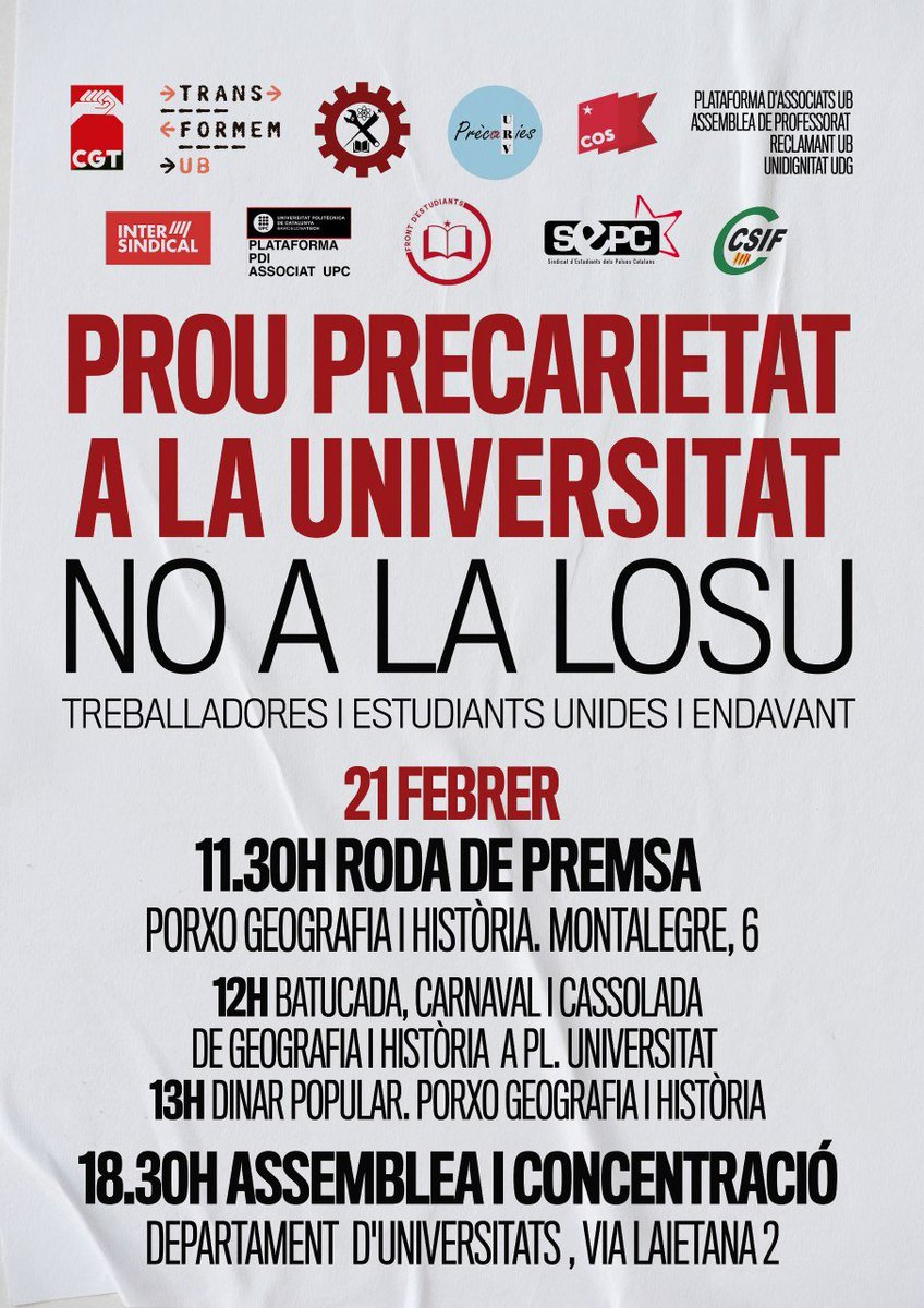 CupRecercaUnis's tweet photo. Avui, treballadores i estudiants de les Universitats catalanes diuen #NOalaLOSU 
Prou precarietat a la Universitat!!! https://t.co/5kLSgc3asz