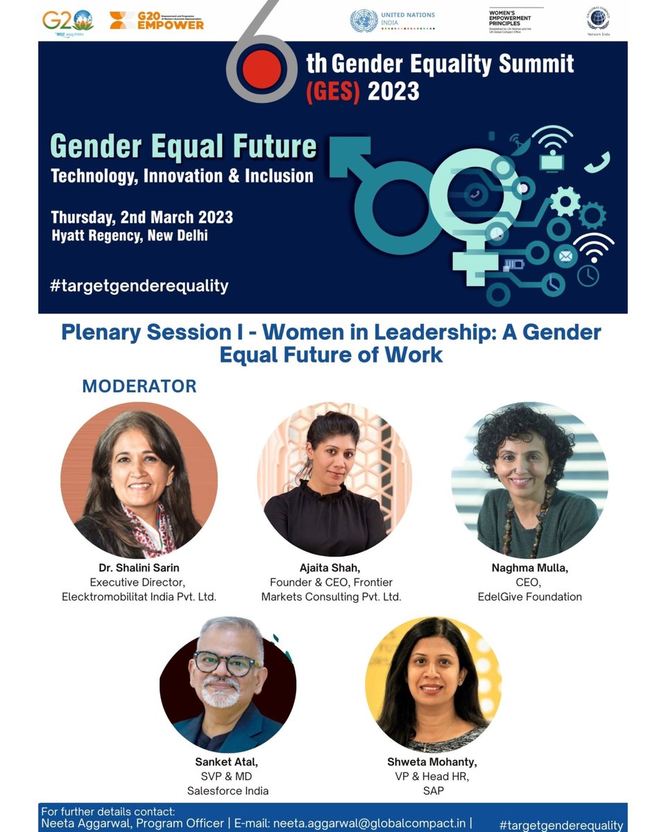 Here is the panel for the #GES2023 Plenary Session 1 - ‘Women in Leadership: A Gender Equal Future of Work’ with our eminent moderator and speakers. Join us as they discuss strategies to promote gender equality in the workplace. 

Register now: globalcompact.in/6th-gender-equ…
