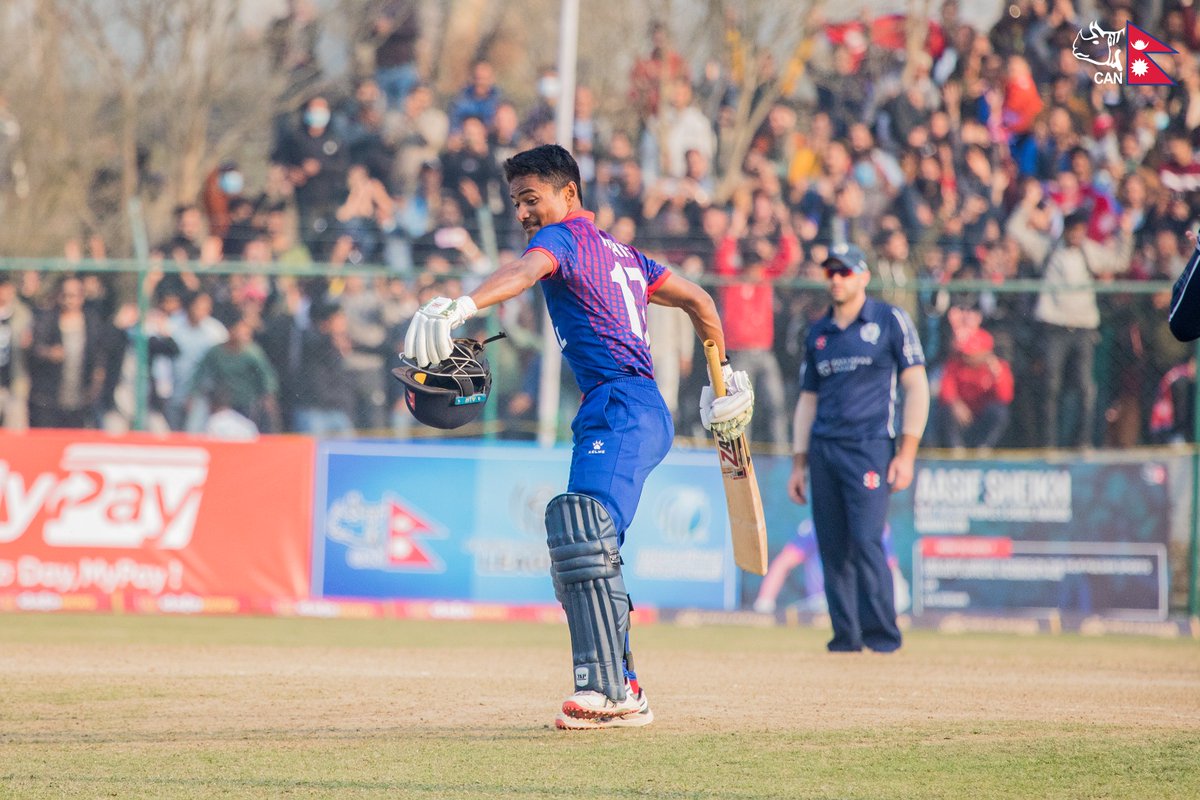 CricketNep's tweet photo. THE WINNING MOMENT!!!

 #CWCL2 #NEPvSCO #weCAN https://t.co/FN42ehYsyl