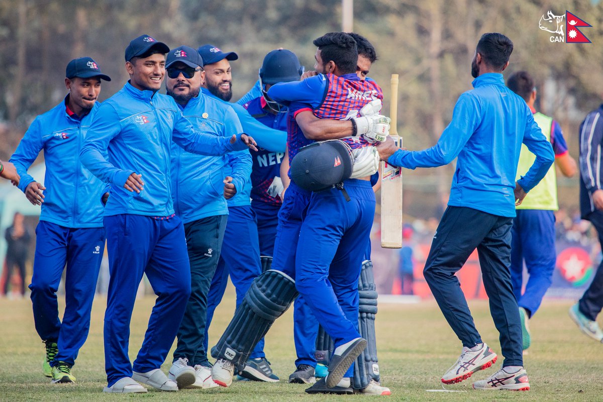 CricketNep's tweet photo. THE WINNING MOMENT!!!

 #CWCL2 #NEPvSCO #weCAN https://t.co/FN42ehYsyl