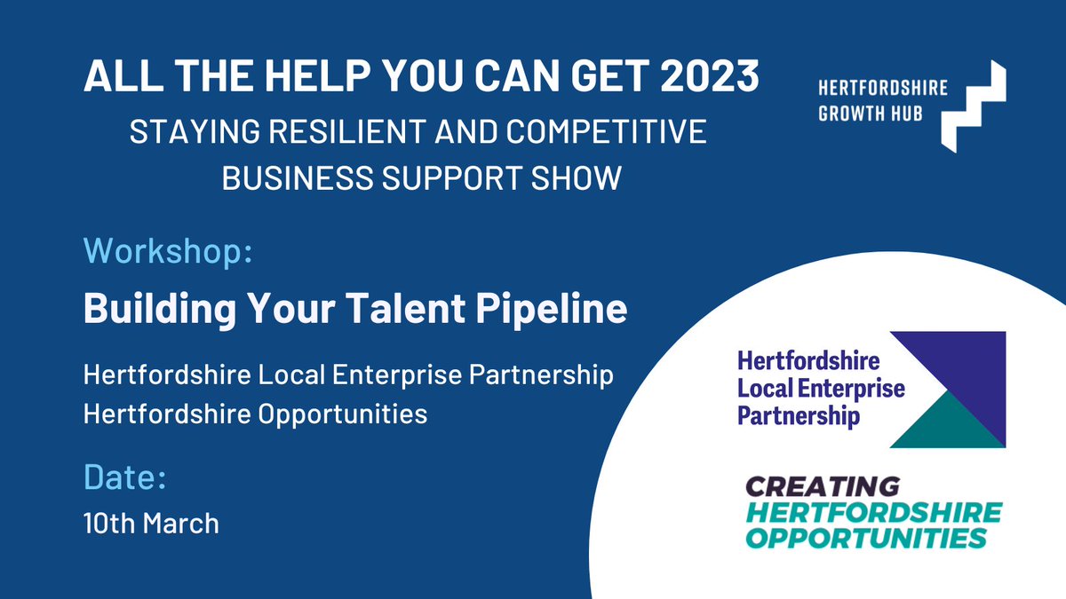 Want to build your talent pipeline? @HertsLEP @Hopinto_herts will be hosting one of our workshops at our #AllTheHelpYouCanGet Business Support Show on the 10th March. To register your interest in attending our Business Support Show visit: eu1.hubs.ly/H02Y19f0