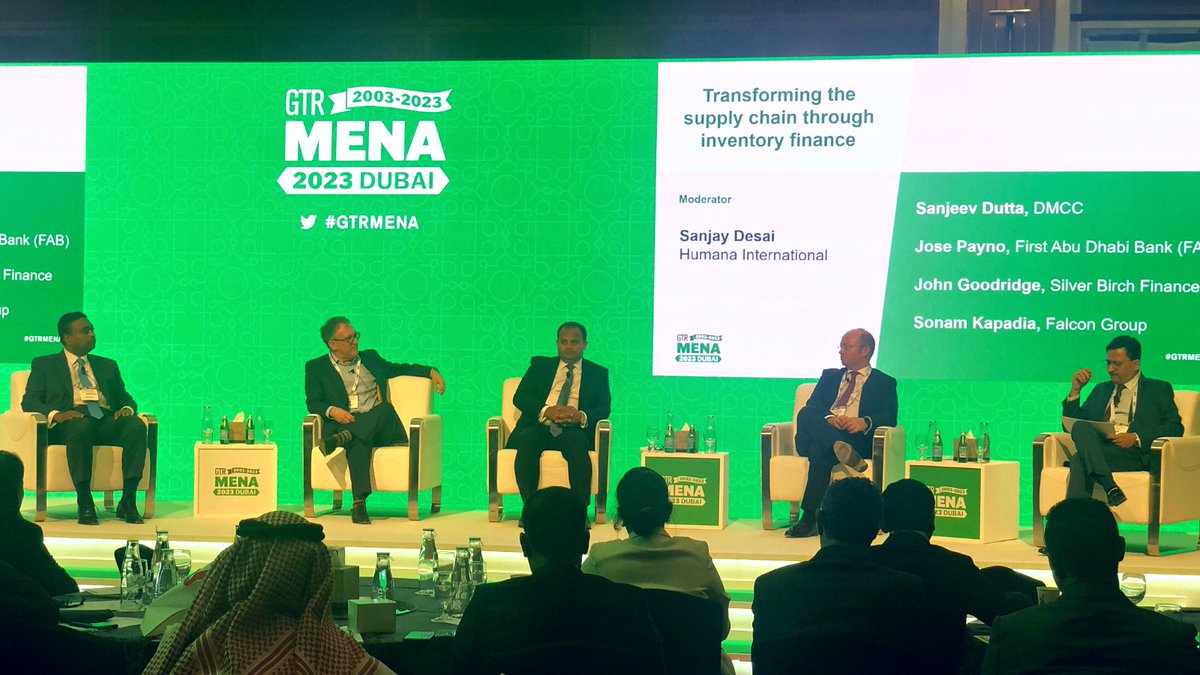 DMCCAuthority's tweet photo. Sanjeev Dutta, DMCC's Executive Director of Commodities &amp; Financial Services, and panellists discussed transforming the supply chain through #inventoryfinance at #GTRMENA2023. They explored key trends including the need for inventory transparency &amp; reconciliation in #commodities. https://t.co/tJjCE646LO