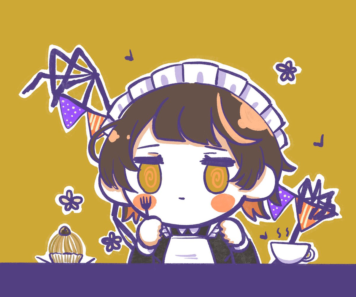 solo maid headdress fork maid holding brown hair chibi  illustration images