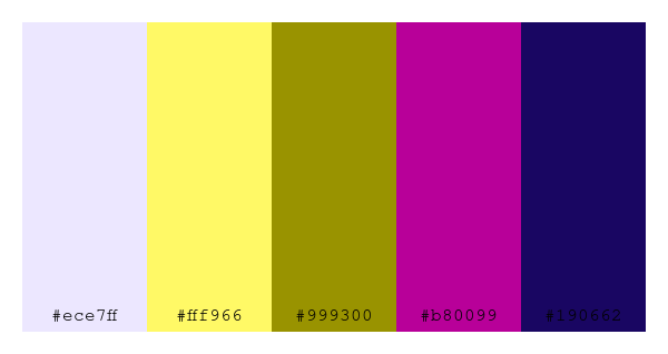 ColPaletteBot's tweet photo. Beep beep, here's a pretty color palette for you! 

color-scheme.js parameters used: 
- hue: 114
- variation: hard
- colors: #ece7ff, #fff966, #999300, #b80099, #190662

Have a lovely day!

#twitterbot #colorpalette #colors #palette #prettycolors https://t.co/U2DSTpiNUb