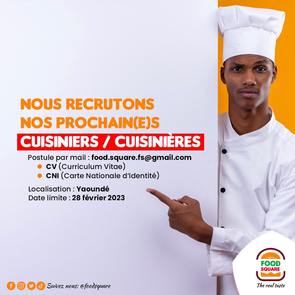food_square's tweet photo. Alertes 🚨 JOB : Nous recherchons pour notre établissement des cuisinier(ère)s pro. 

Tu souhaites rejoindre une équipe Dynamique ? N’hésite pas et postule par mail, CV + CNI à 👉🏽food.square.fs@gmail.com 

#offresdemploi #FoodSquare #Restaurant #cuisine #cameroun https://t.co/rSnbuAJEdG