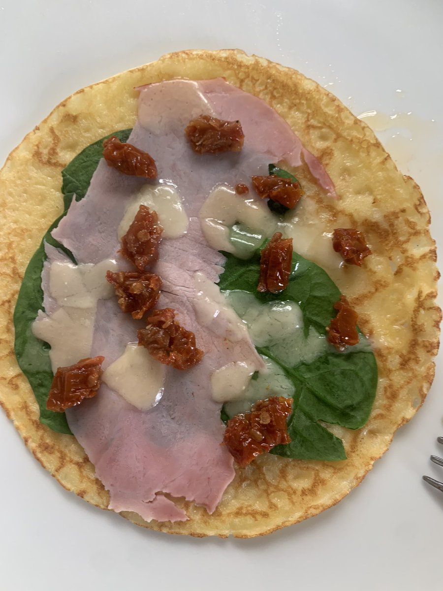 #TodayIAm celebrating #PancakeTuesday with savoury pancakes for breakfast. Vegetarian option - pancake, spinach leaves, Parmesan shavings and sun dried tomatoes - slice of ham added for meat eaters. #HealthyOption Can’t promise I won’t have sweet one later 🤣#ImageDescription