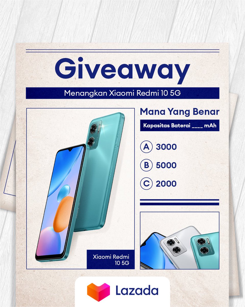 LazadaID's tweet image. ✨GIVEAWAY ALERT✨

MAU XIAOMI REDMI 10 5G GRATIS?

1. Follow @LazadaID
2. RT, Like, Reply jawaban yang benar sebanyak-banyaknya dengan hashtag #LazadaGiveaway beserta alasan kamu harus menang
3. Tag 3 teman kamu

*Pengumuman 3 Maret

#TambahKeHidupmu #LazadaID