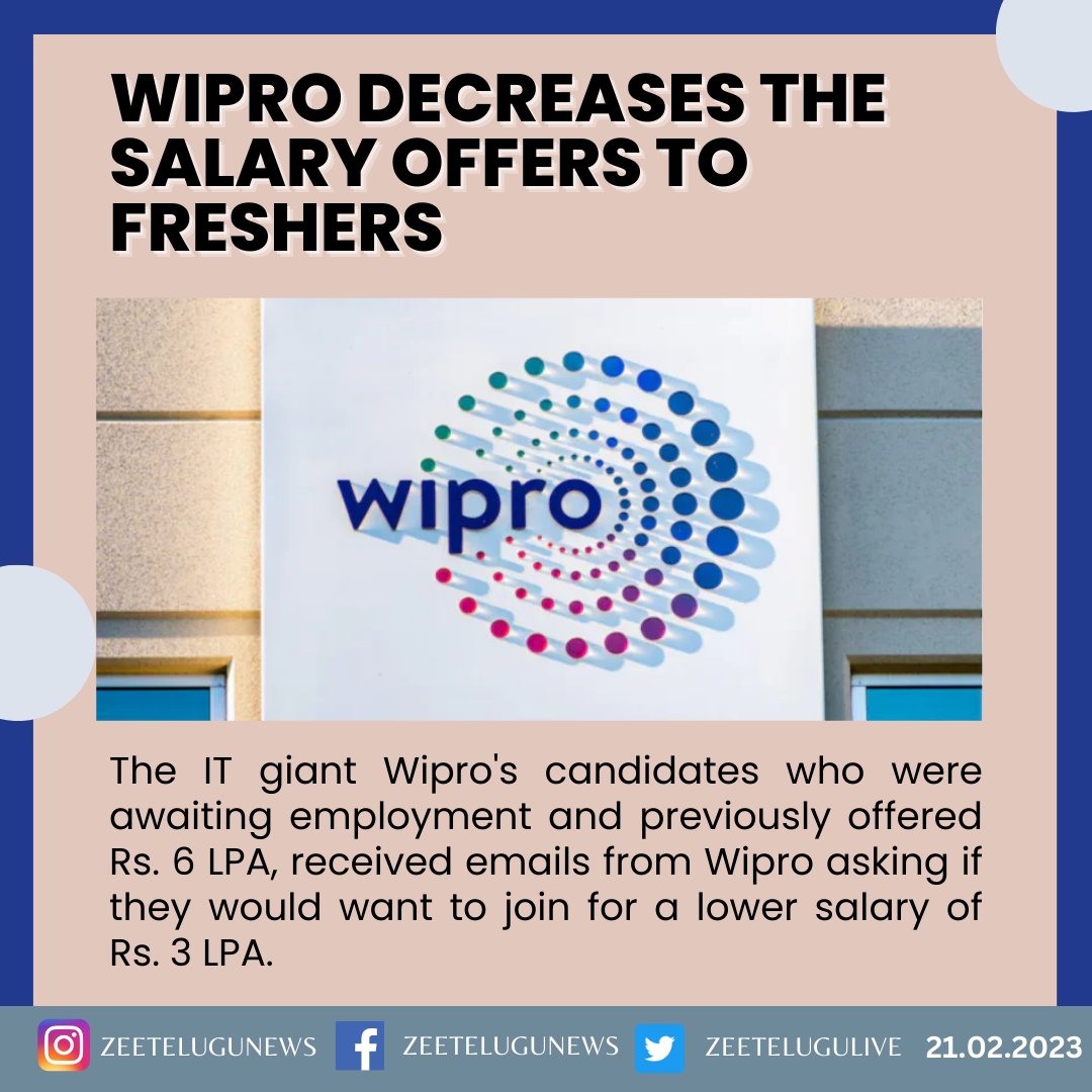 ZeeTeluguLive's tweet photo. Wipro decreases the salary offers to freshers.
#Wipro #fresheronboarding #lesssalary @WiproInsights @WiproEvents @WiproHealth https://t.co/7GBqF41p0q