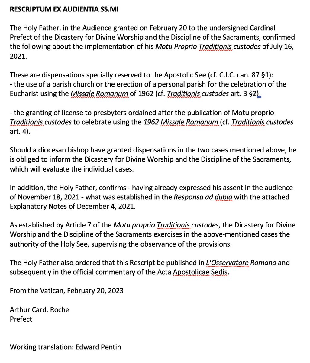 EdwardPentin's tweet photo. Pope Francis has confirmed the following restrictions on the traditional Mass in a rescript issued today through Cardinal Arthur Roche #traditioniscustodes: https://t.co/uvaEnDJXVt