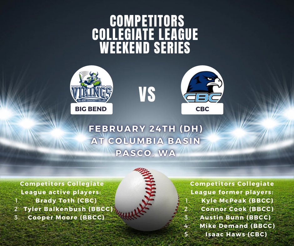 Competitors Collegiate League Weekend Series: Anytime we have players from opposing schools we will highlight the weekend matchup for all divisions. Week 2 of the Competitors Collegiate League matchups we have <a href="/BBCCbaseball/">BBCC Baseball ⚾️</a> taking on CBC in a double header on Friday February 24th