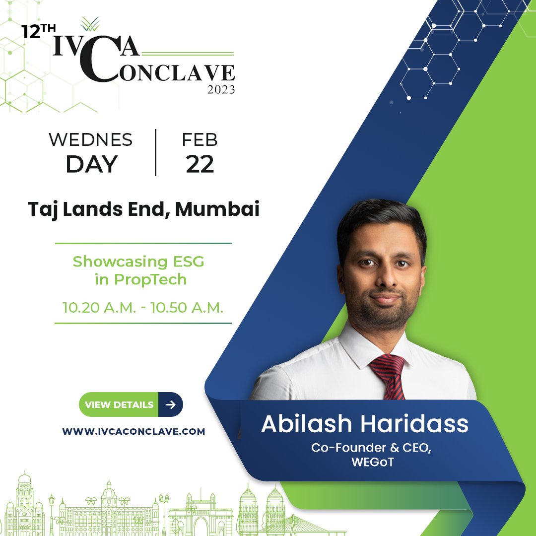WEGoTtech's tweet photo. @AbilashHaridass is taking center stage tomorrow at the 12th @IndianVCA Conclave happening at the Taj Lands End #Mumbai
Join us as he highlights the importance of #ESG in #proptech &amp; discusses the role of #technology in preventing a water crisis.
#ivcaconclave #innovation https://t.co/e3tS1ua09U