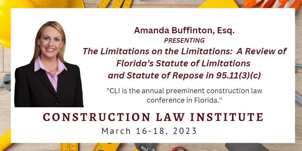 RPPTL_FL's tweet photo. Meet the CLI Speakers!
Meet Amanda Buffinton who will be presenting "The Limitations on the Limitations: A Review of Florida’s Statute of Limitations and Statute of Repose in 95.11(3)(c) "
Don't miss #FLCLI2023! Coming to Orlando March 16-18
https://t.co/VdKL1GvZtG https://t.co/Kw14fOPB9I