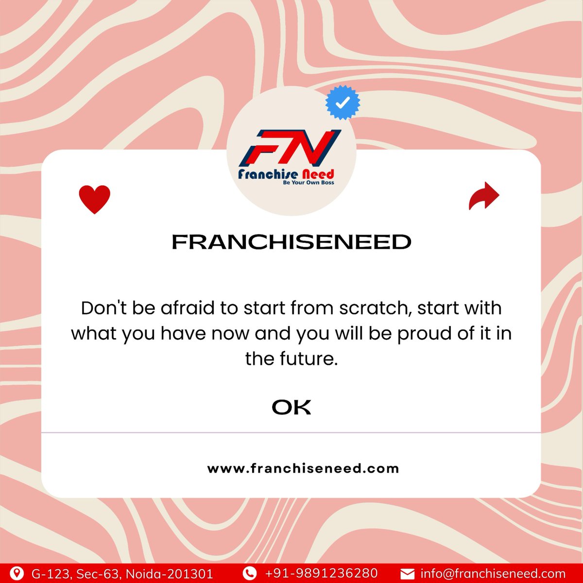 Franchise_Need's tweet photo. FRANCHISENEED
Don't be afraid to start from scratch, start with what you have now and you will be proud of it in the future.
           OK
.
#franchisee #franchise #franchiseopportunities #franchisebusiness #franchiseopportunity #business #franchiseowner #franchises #entrepreneur https://t.co/CRPM0dz8Yj